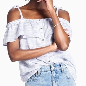 LUCKY BRAND LINEN BLUE SPACE DYE OFF THE SHOULDER RUFFLE SHIRT, BOHEMIAN TOP
